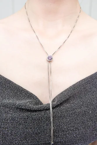 Miniatura 3 de Collar Lariat ajustable de plata de ley con piedras preciosas y topacio blanco redondo con halo redondo