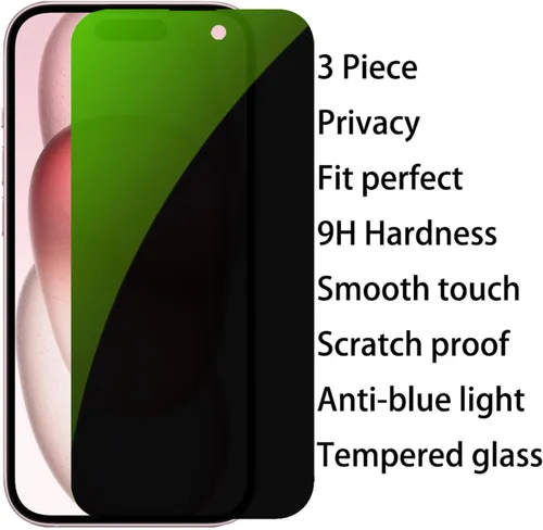 Miniatura 6 de 3 piezas de vidrio templado de privacidad anti-azul para iPhone 15 Plus, protector de pantalla antiespía, película antiespías, dureza 9H