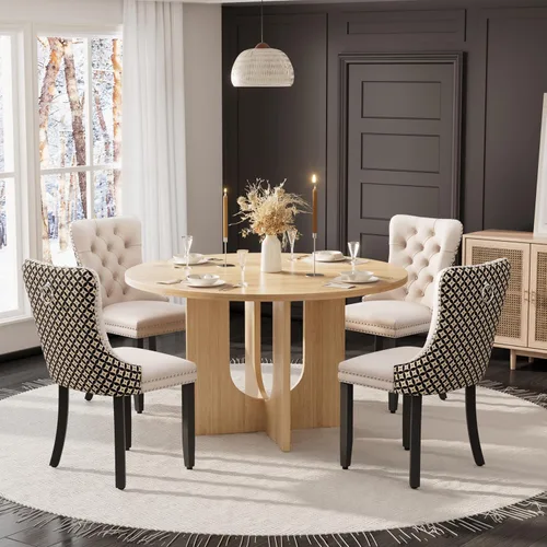 Miniatura 17 de Mesa de comedor redonda de 47 pulgadas para juego de mesa de cocina rústica de 6,7 piezas, mesa de comedor de granja, sillas negras de alta gama