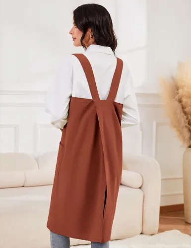 Miniatura 7 de Schine Pinafore de algodón con espalda cruzada para mujer, con bolsillos grandes, prácticos delantales para trabajos de jardinería, cocina, Naranja