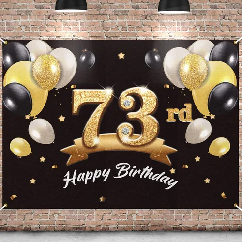 Telón de fondo de pancarta de feliz cumpleaños 73, suministros de decoración de fiesta de cumpleaños 73 para hombres, color negro y dorado, 4 x 6
