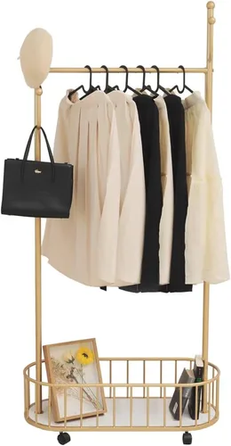 Miniatura 8 de Perchero de Ropa Dorado con Ruedas Perchero Rodante con Cesta de Almacenamiento Perchero de Abrigos de Metal Móvil Soporte Perchero Moderno