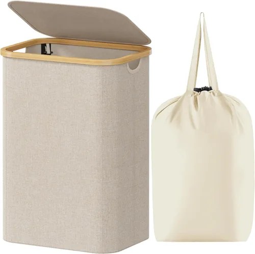 Lifewit Cesta de lavandería de 80 litros con tapa, cestas de ropa para lavandería con asas de bambú y una bolsa de lavandería extraíble, cesta