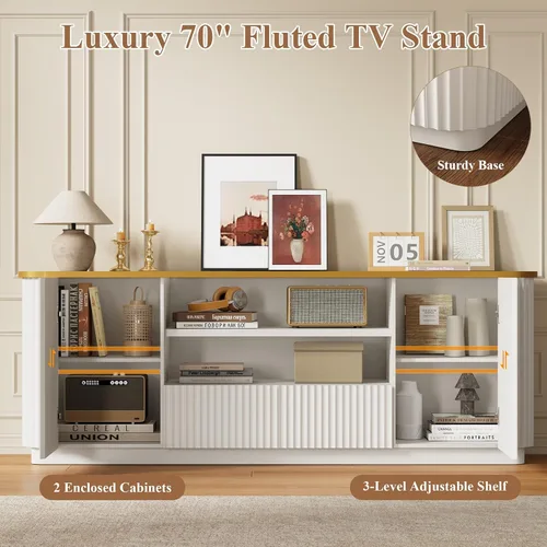 Miniatura 7 de QUW Soporte de TV acanalado de 70 pulgadas para televisores de hasta 80 pulgadas, moderno centro de entretenimiento con 2 cajones y gabinetes, Blanco
