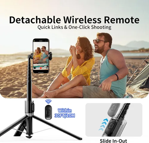 Miniatura 5 de Trípode automático de teléfono de 67 pulgadas, palo selfie de apertura automática para iPhone con control remoto, soporte extensible giratorio