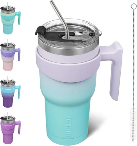 Miniatura 14 de BJPKPK Vaso con asa de acero inoxidable de 20 onzas, con aislamiento de doble pared, con tapa y pajita, color rosa claro A-rosa claro