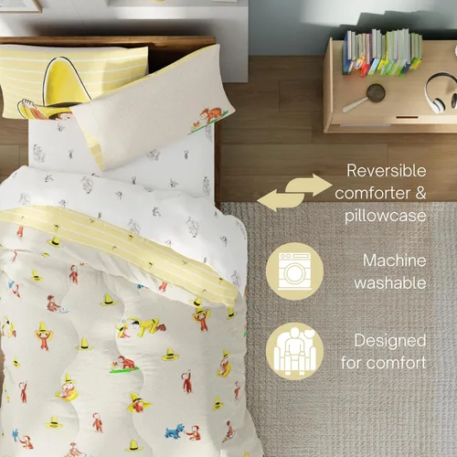 Miniatura 3 de Curious George - Juego de ropa de cama tamaño individual, juego de 5 piezas para niños, edredón reversible súper suave y acogedor con funda