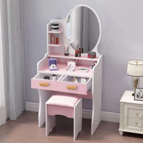 Miniatura 21 de QQXX Juego de tocador grande con espejo, tocador de maquillaje con estantes de almacenamiento y 4 cajones, taburete acolchado para dormitorio