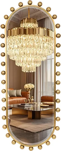 Miniatura 11 de Espejo ovalado de pared de 24 x 36 pulgadas con vidrio biselado, marco de bola de cuentas de oro antiguo, espejo de pared colgante vertical