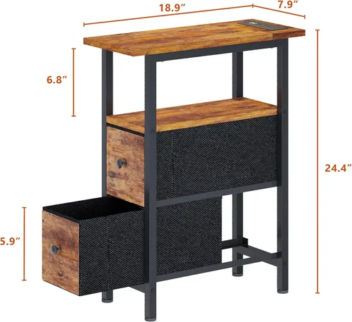 Miniatura 3 de TRIFEBLE Mesa auxiliar con estación de carga, mesa auxiliar estrecha con 2 cajones de tela, mesita de noche delgada con luz LED, mesita de noche