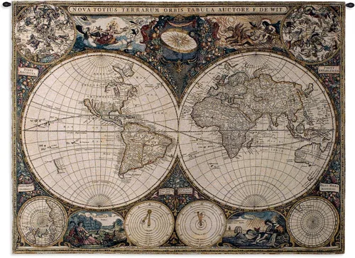 Mapa del viejo mundo por Frederik De Wit | Tapiz tejido para colgar | Geográfico vintage con motivos antiguos | 100% algodón tamaño Estados Unidos