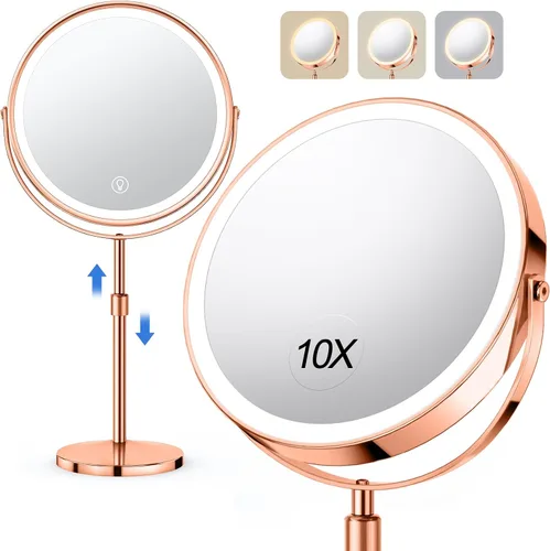 Miniatura 7 de UBYMET Espejo de maquillaje iluminado, altura ajustable, doble cara, aumento 1x/10x con 3 colores, brillo ajustable, rotación de 360°, regalo