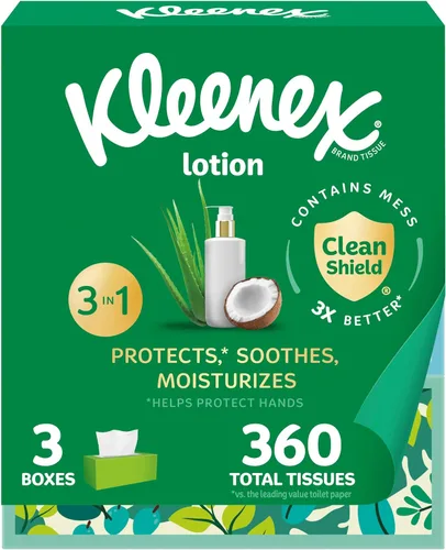 Miniatura 9 de Kleenex Loción de pañuelos faciales con aceite de coco, 3 cajas planas, 120 pañuelos por caja, 3 capas