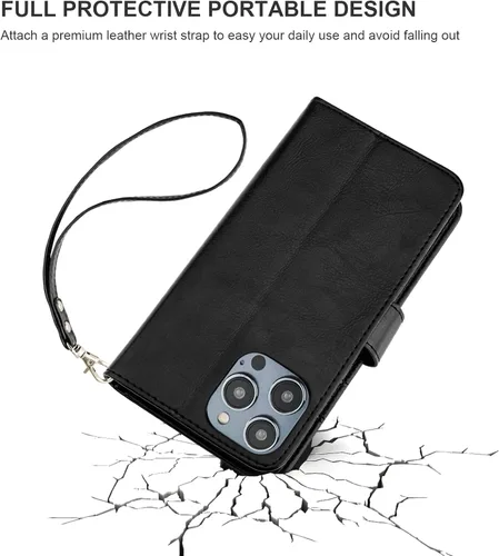 Miniatura 8 de Bocasal Funda tipo cartera desmontable para iPhone 14 Pro con bloqueo RFID, ranuras para tarjetas, soporte magnético de piel sintética de alta Negro
