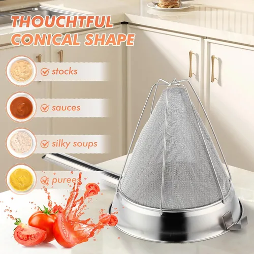 Miniatura 6 de Nuogo Juego de 2 coladores chinos de acero inoxidable de malla fina de metal para caldo de alimentos, colador de malla fina con mango y espátula