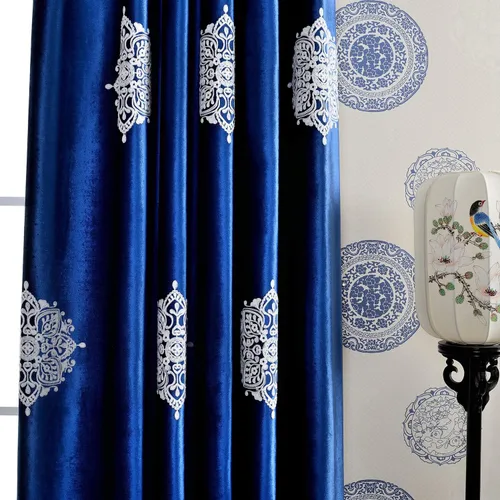 Miniatura 6 de VOGOL Cortinas opacas bordadas para sala de estar, paneles de cortina de terciopelo azul para dormitorio, 52 x 63 pulgadas, 2 paneles