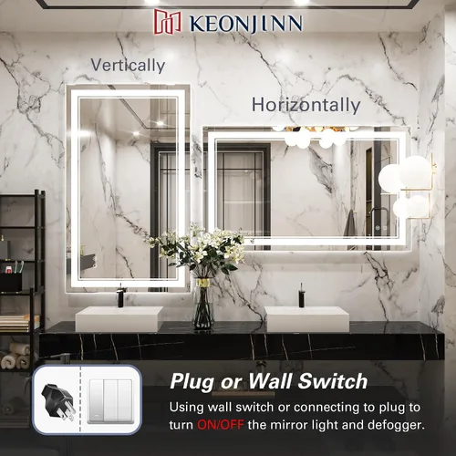 Miniatura 8 de Keonjinn Espejo LED para baño de 39.76 x 24.01 pulgadas, espejo de baño frontal y retroiluminado con luces, vidrio templado HD, 3 luces