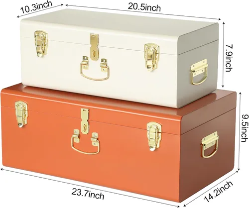 Miniatura 2 de Vixdonos Juego de 2 baúles decorativos de metal grande, organizador de dormitorio universitario con cerrojos y asa para decoración del hogar, 23.7 x