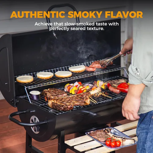 Miniatura 4 de MASTER COOK Parrilla de carbón de barril con estante frontal plegable de madera, 686 pies cuadrados área de cocina al aire libre, termómetro