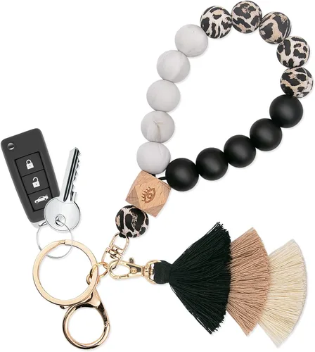 Bisanzoya Llavero de cuentas con borla, pulsera de silicona para llavero, bonita pulsera bohemia para mujer