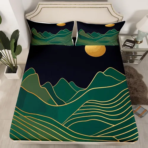Erosebridal Sábanas de cama modernas de mediados de siglo, sábana bajera con estampado de luna, tamaño individual, minimalismo, sábanas de montaña,