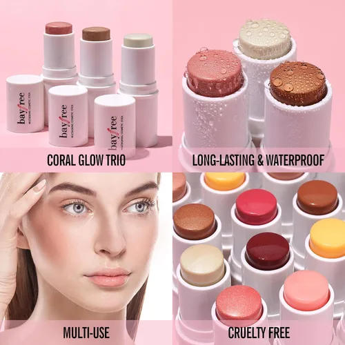 Miniatura 2 de KIMUSE Barra multiusos trío para maquillaje facial, barra de rubor en crema para mejillas y labios, barra de contorno y resaltador para maquillaje