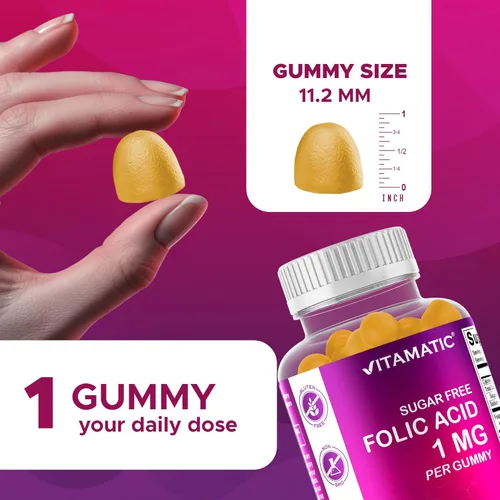 Miniatura 3 de Vitamatic Gomitas de ácido fólico 1000 mcg (1 mg), vitaminas prenatales esenciales para mamá y bebé, gomitas veganas de vitamina B9-120 (2)