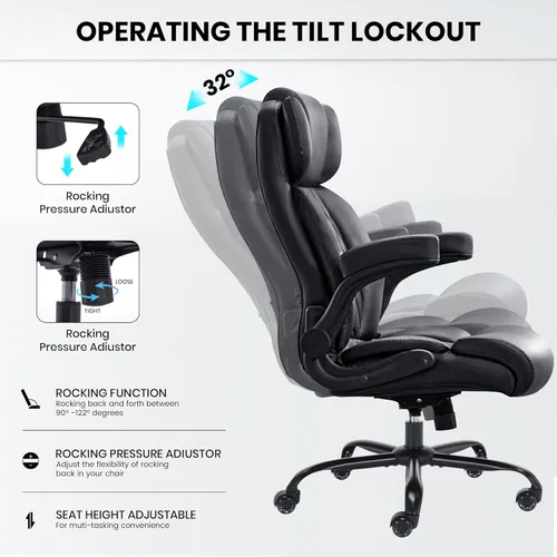 Miniatura 4 de Silla de oficina grande y alta de 500 libras, soporte lumbar ajustable para dolor de espalda, asiento extra ancho, silla de oficina ejecutiva, Negro