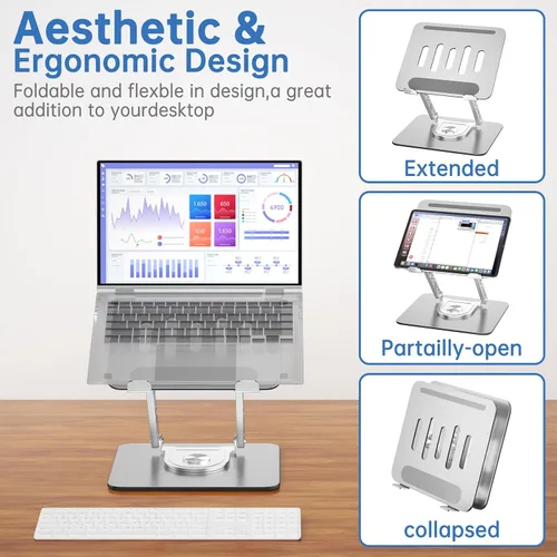 Miniatura 5 de Soporte para Laptop de Escritorio Ajustable Soporte para Computadora con Base Giratoria de 360° Soporte Elevador Ergonómico para Laptop