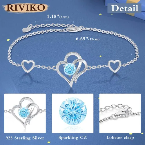 Miniatura 4 de RIVIKO Pulsera con dije de corazón de amor para mujer, plata de ley 925 con circonitas de piedra natal, eslabones ajustables para madre, esposa