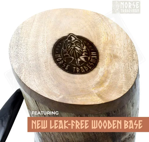 Miniatura 9 de Norse Tradesman LG Viking Cuerno para Beber - Jarra de Cuerno de Cerveza 100% Auténtica con Fondo de Madera Dura y Grabados de Anillos The
