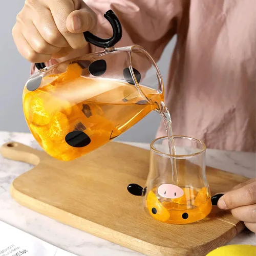 Miniatura 5 de Jarra de bebidas frías Jarra de vidrio con forma de vaca, botella de agua fría para bebidas, tetera para microondas, tetera, tetera, dispensador