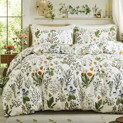 Miniatura 25 de Juego de edredón floral verde, tamaño King, edredón 100% algodón, 3 piezas, suave, ligero, reversible, retro, floral, para todas las estaciones