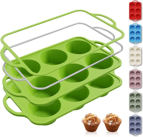 Miniatura 22 de 2 paquetes de 12 tazas de molde para magdalenas de silicona para hornear con marco reforzado de metal, molde para cupcakes de tamaño regular, Crema