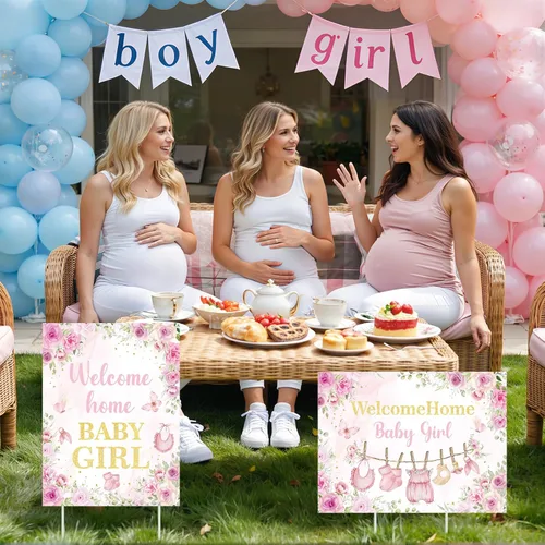 Miniatura 7 de 2 letreros decorativos de bienvenida a casa para bebé, niña, rosa, floral, para baby shower, patio, con estacas "It's a Girl", letrero para anuncio