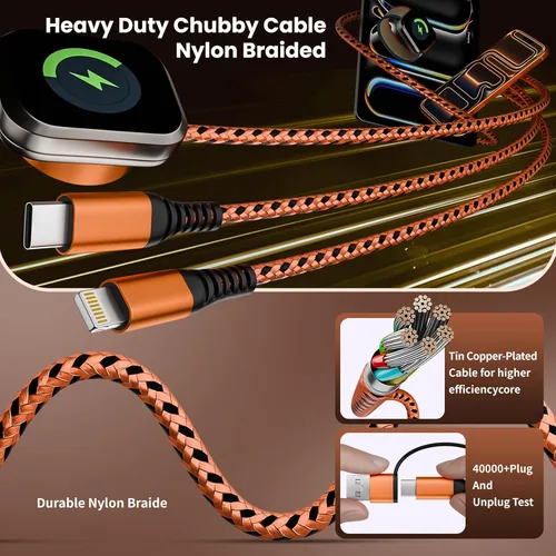 Miniatura 6 de Cargador de viaje para iWatch, cable de carga múltiple 3 en 2 con cargador IP/USB C/iWatch, cargadores de viaje para múltiples dispositivos, Naranja