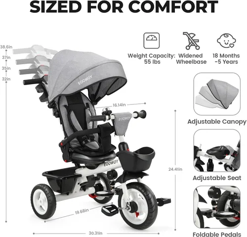 Miniatura 3 de EOOWOY Triciclo para niños pequeños con mango de empuje, triciclo 7 en 1 con asiento giratorio de 360°, respaldo reclinable, ruedas todo terreno
