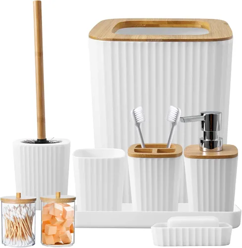 Miniatura 71 de XLHOMO - Juego de baño beige de plástico de 9 piezas, con basurero, dispensador de jabón, portacepillos de dientes, vaso, jabonera, cepillo
