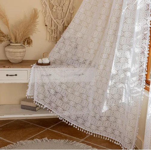Miniatura 44 de YJ YANJUN - Cortinas de café boho, 24 pulgadas de largo, 2 paneles, cada una de 59" de ancho x 24" de largo, beige, con crochet, cortinas de cocina