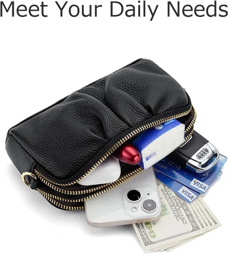 Miniatura 3 de Billeteras de pulsera para mujer, de piel auténtica, monederos fruncidos para mujer, cartera de mano