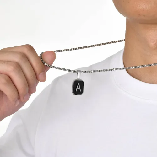 Miniatura 4 de Hisatan Collar con inicial para hombres y mujeres, collares con colgante de letra A-Z, color negro, plateado, cuadrado, capital, para hombre, acero