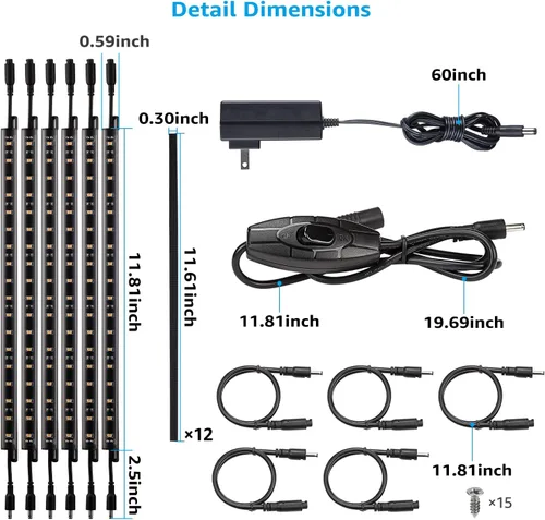 Miniatura 6 de TORCHSTAR Kit de iluminación LED segura, (6) barras de luz de 12 pulgadas enlazables + interruptor basculante + adaptador de alimentación UL, 900
