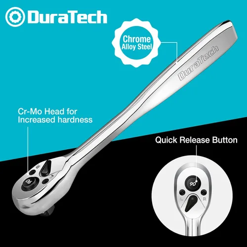 Miniatura 3 de DURATECH Juego de trinquete de 3 piezas, impulso de 1/4", 3/8", 1/2", 90 dientes, liberación rápida, mango de contorno diseñado para un mejor