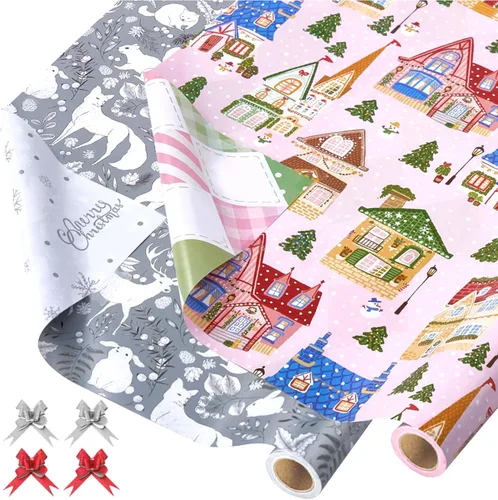 EWES Juego de papel de regalo de Navidad rosa de 2 rollos, papel de regalo plateado y colorido resistente para niños de alta calidad, patrón con