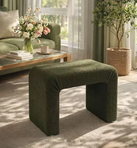 Miniatura 11 de Boucle - Taburete otomano redondo, de sherpa, pequeño y moderno reposapiés tapizado para maquillaje, sala de estar, entrada, dormitorio, beige