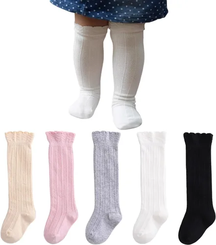 Petrass Calcetines altos hasta la rodilla para bebés y niñas, calcetines blancos con volantes