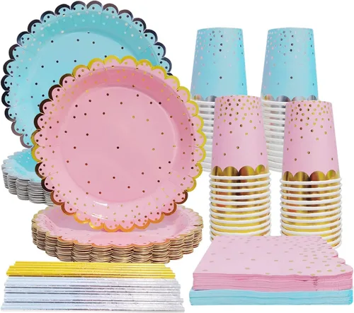 Ottin Juego de 240 platos y servilletas de papel desechables rosa y azul, platos llanos de 9 pulgadas y platos de postre de 7 pulgadas, suministros