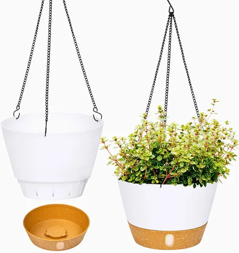 Miniatura 16 de QCQHDU Paquete de 2 macetas colgantes de 10 pulgadas para plantas de interior y exterior, cestas colgantes macetas de flores con bandeja de depósito