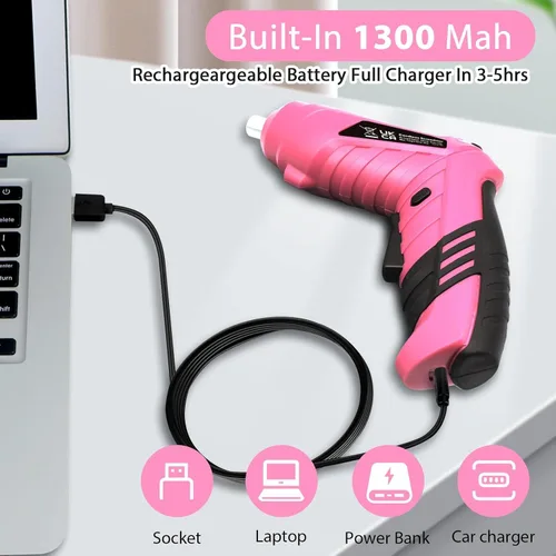 Miniatura 4 de Juego de destornilladores eléctricos inalámbricos rosados, taladro eléctrico pequeño recargable de 3.7 V con juego de 47 puntas de destornillador