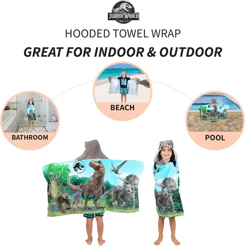 Miniatura 4 de Franco - Toalla de rizo de algodón suave con capucha para niños, para uso en baño y playa, 24 x 50 pulgadas, Jurassic World: Mundo Jurásico